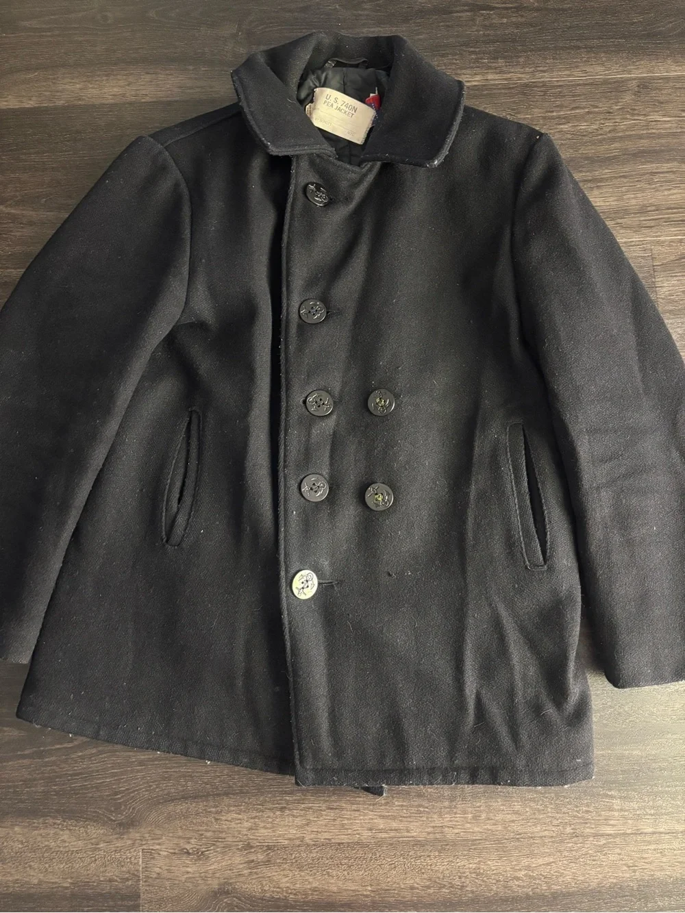 Vintage U. S. Navy 740N Black 100% Wool Pea Coat Jacket By Schott NYC Size 42